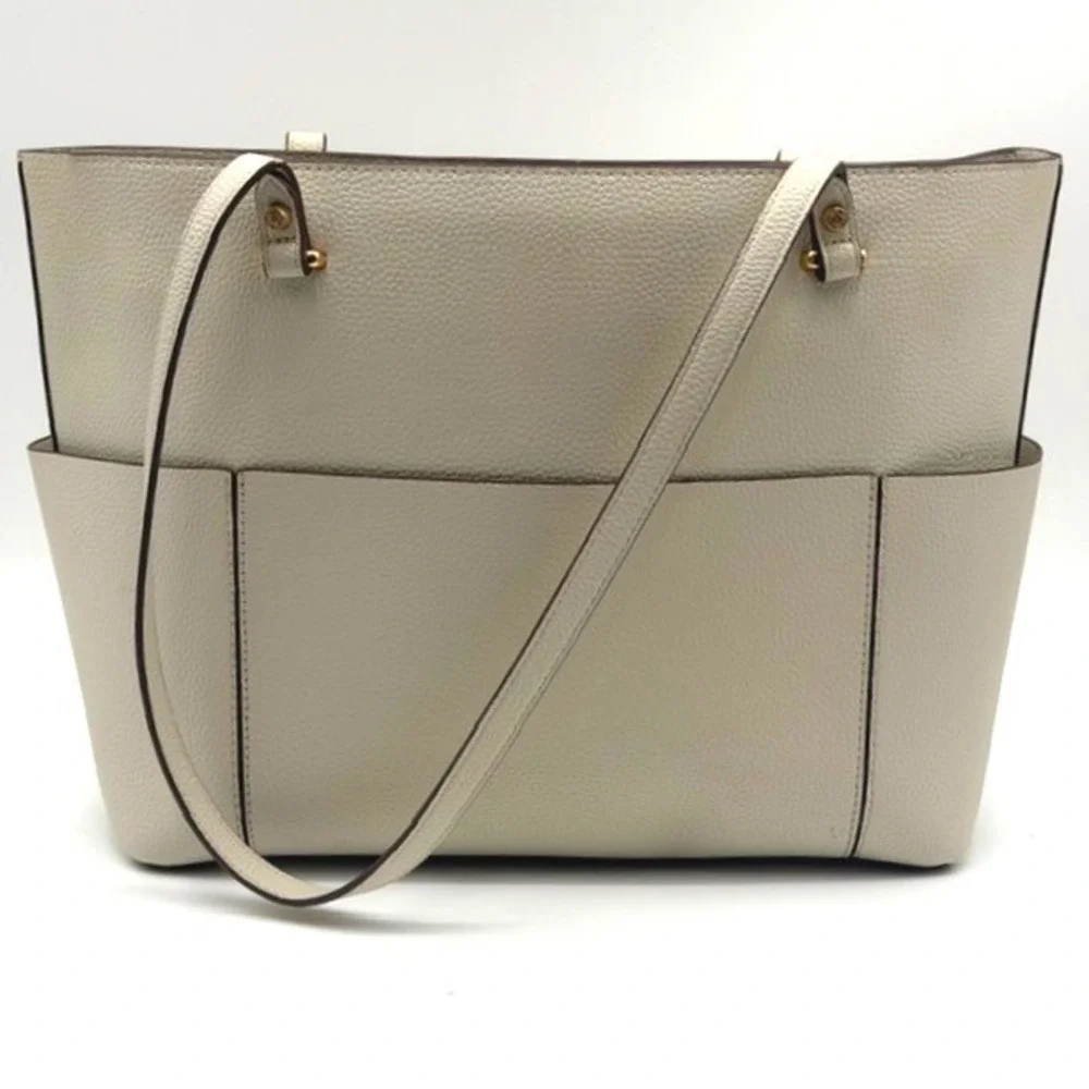 Anne Klein Women Cream Pebbled Faux Leather Zip Top Tote Bag Gold Hardware